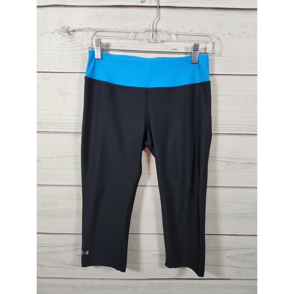Under Armour Women's Black Blue Mid Rise Elastic Waist Capri Leggings Size Small - Picture 1 of 6